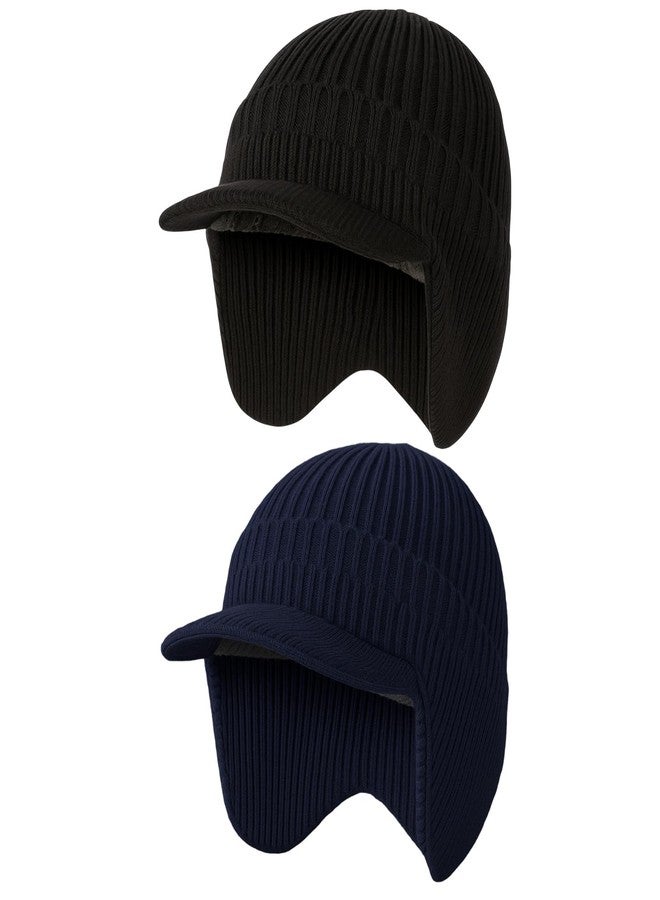 Simlakey 2 Pcs Winter Hats with Brim and Ear Flap Fleece Winter Beanie Hat Outdoor Warm Lined Knit Hat for Men Women(Black, Navy Blue) - Image 1